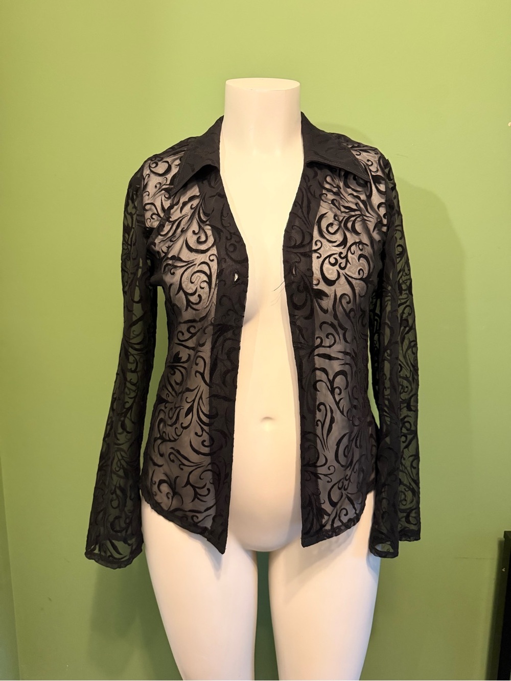 Vintage EVITA Sheer Black Lace SLIT Front Women's Top velour burnout Size M